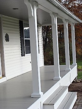 This porch was remodeled with Gossen tongue and groove pvc porch boards; columns were 6
